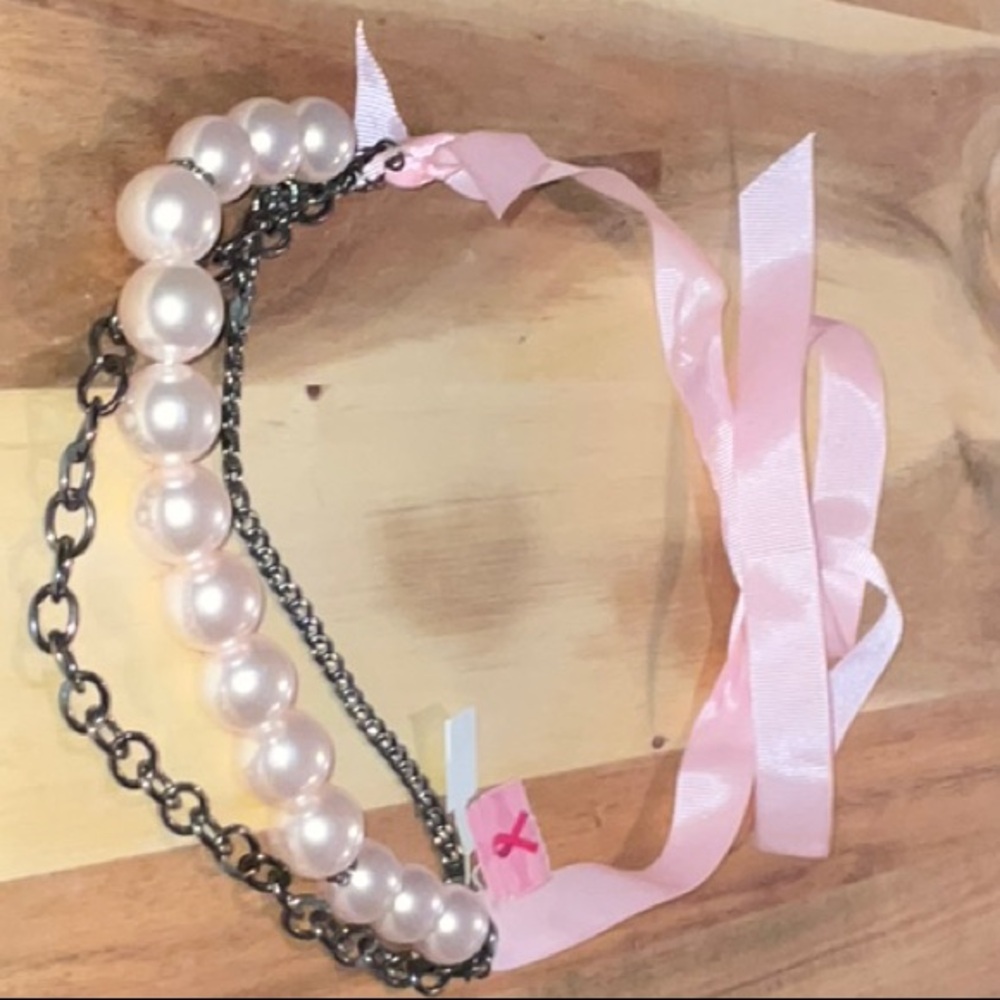 Breast Cancer Awareness Faux Pink Pearls Black Chains & Pink Ribbon Necklace NWT